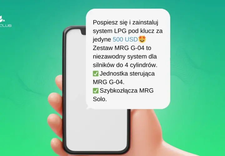 Dłoń trzyma smartfon z tekstem o instalacji LPG. Jak napisać sms o tej promocji? Zestaw MRG G-04 za 500 USD.