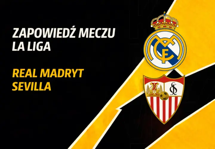 Zapowiedź meczu La Liga: Real Madryt kontra Sevilla. Emblematy klubów Realu Madryt i Sevilli.