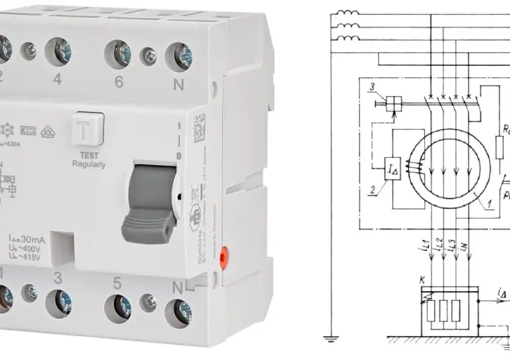 Biały wyłącznik różnicowoprądowy (rcd) z szarym przełącznikiem i schematem elektrycznym.