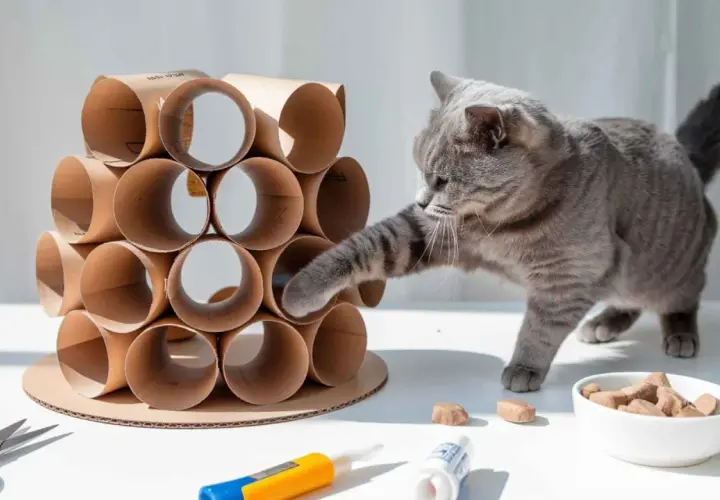 Gato gris jugando con una torre de rollos de cartón, un ejemplo de inventos caseros para gatos.