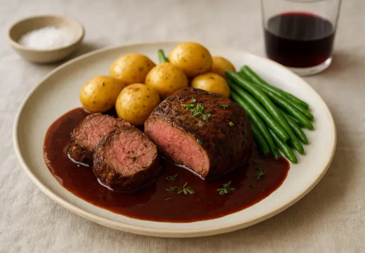 En saftig marinerad oxfile skuren i skivor, serverad med småpotatis, gröna bönor och en mustig sås.