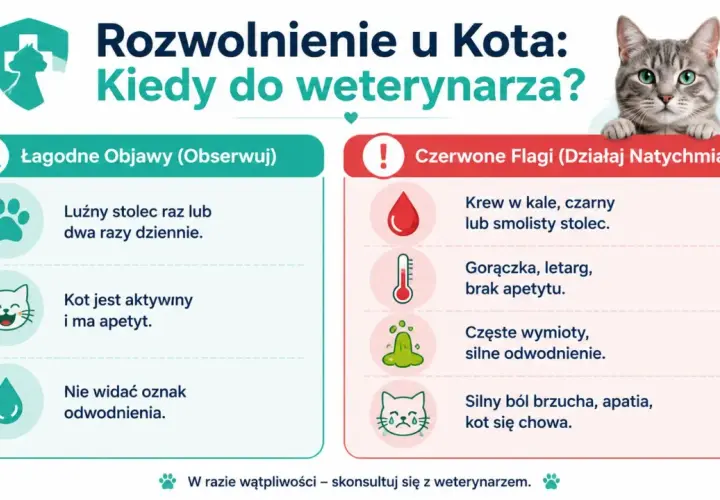 Rozwolnienie u kota: łagodne objawy (luźny stolec, kot aktywny) i czerwone flagi (krew, gorączka, wymioty), kiedy do weterynarza.