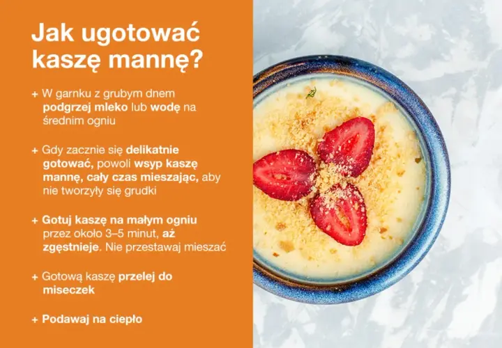 Kasza manna na wodzie, idealne proporcje dla pysznego deseru. Podana z truskawkami i kruszonką.