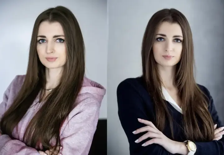 Dwa ujęcia tej samej kobiety jako zdj profilowe. Po lewej w różowej bluzie, po prawej w granatowej marynarce.