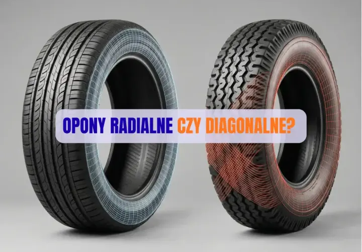 Dwa rodzaje opon: po lewej nowoczesne opony radialne z niebieską siatką, po prawej starsze opony diagonalne z czerwoną siatką.