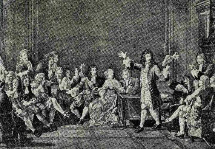 Scena dworska: mężczyzna przemawia, a tłum słucha. Ilustruje, jakie są funkcje rywalizacji o względy bohatera w literaturze dworskiej.