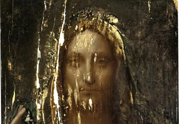 Das **Salvator Mundi Original** zeigt ein stark beschädigtes Porträt Christi mit goldener Aura.