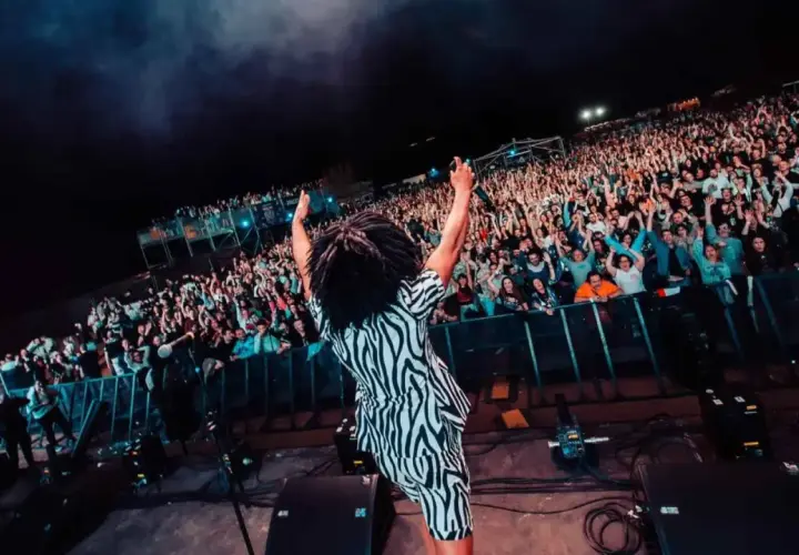 ¡Molan los 90 Zaragoza! Un artista con rastas y traje de cebra saluda a una multitud eufórica en un concierto nocturno.