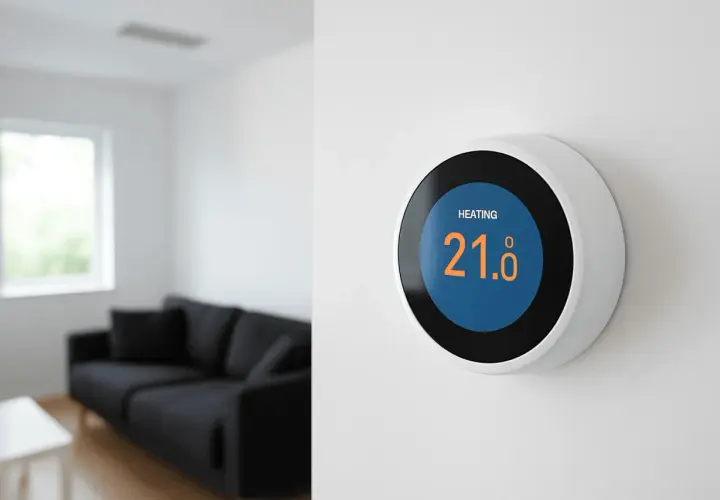 Termostato inteligente en pared, mostrando "HEATING" y 21.0°C. Al fondo, un salón moderno con sofá negro.