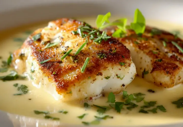 Dwa soczyste filety sandacza w kremowym sosie, posypane świeżymi ziołami. Jaka to ryba? To sandacz!