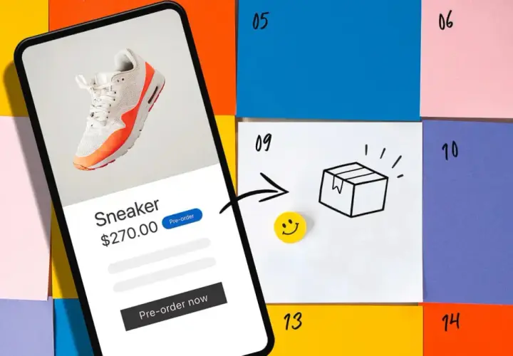Telefon pokazuje buty na sprzedaż. Strzałka prowadzi do rysunku paczki i uśmiechniętej buźki, ilustrując, co to przedsprzedaż – zamówienie przed premierą.