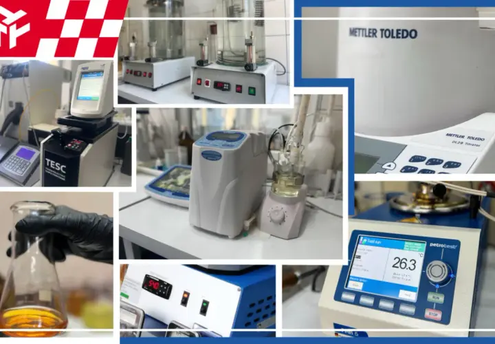 Laboratorium bada wskaźnik lepkości oleju za pomocą nowoczesnych urządzeń, takich jak titrator Mettler Toledo i tester Petrotest.