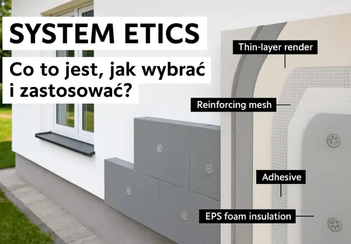 System ETICS: metoda lekka mokra. Detalowa przekrój izolacji ścian z płyt EPS, siatki zbrojącej i tynku.