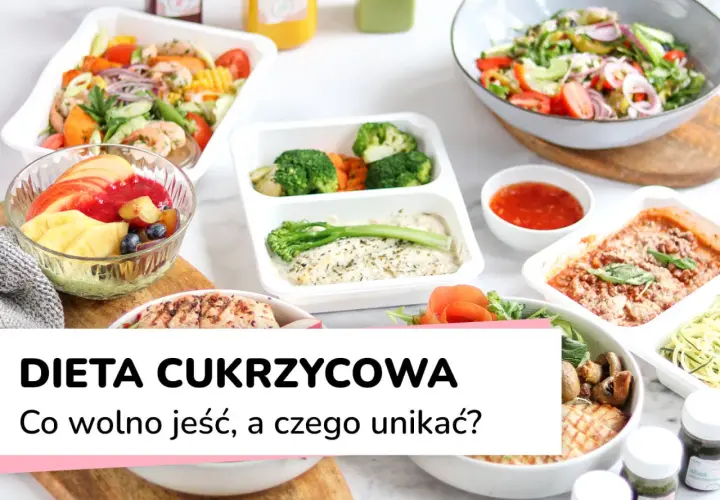 Zdrowe posiłki na talerzach, w tym sałatki, ryby i owoce. Idealne dla osób szukających informacji o diecie dla cukrzyka typu 2.