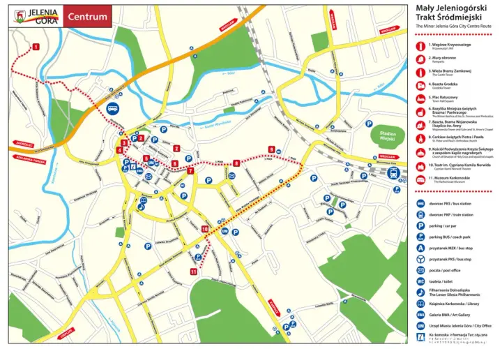 Mapa Jeleniej Góry z zaznaczonymi atrakcjami turystycznymi, w tym Ratuszem, Teatrem i Muzeum Karkonoskim.