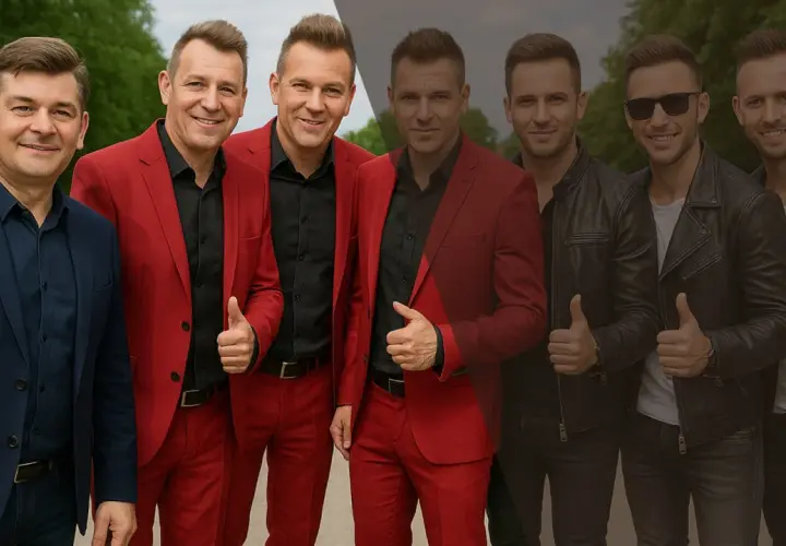 Zespół disco polo w czerwonych garniturach i skórzanych kurtkach pozuje do zdjęcia, dając kciuki w górę.