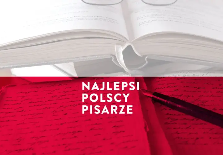 Otwarta księga i pióro na tle czerwieni z napisem "Najlepsi polscy pisarze".