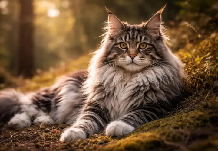 Majestatyczny kot rasy maine coon z puszystą grzywą leży w jesiennym lesie, otoczony złotym światłem.