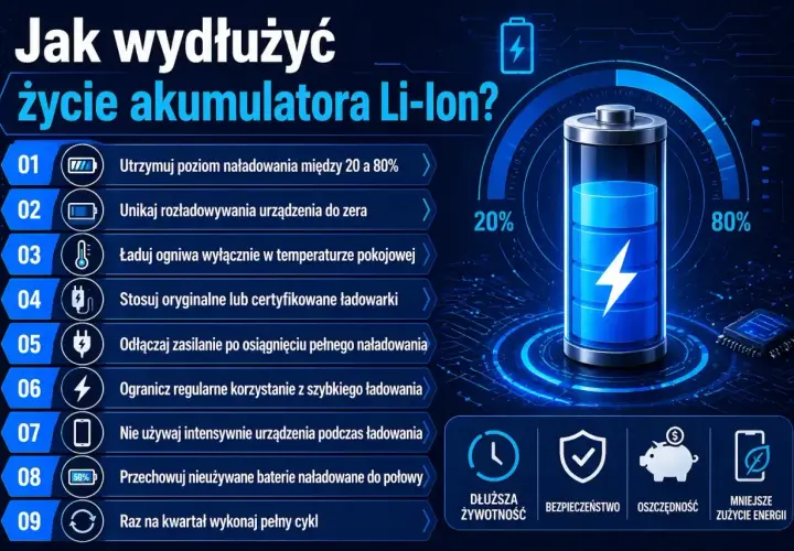 Porady dotyczące ładowania akumulatora Li-Ion: utrzymuj poziom 20-80%, unikaj rozładowania do zera, ładuj w temperaturze pokojowej.