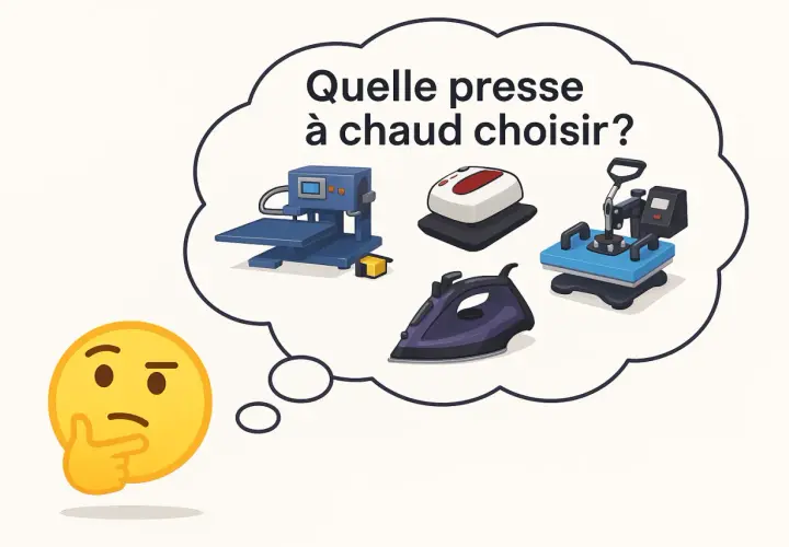 Un visage pensif réfléchit à quelle presse à chaud choisir pour le transfert d'images. Diverses machines, dont une presse à chaud, sont représentées.