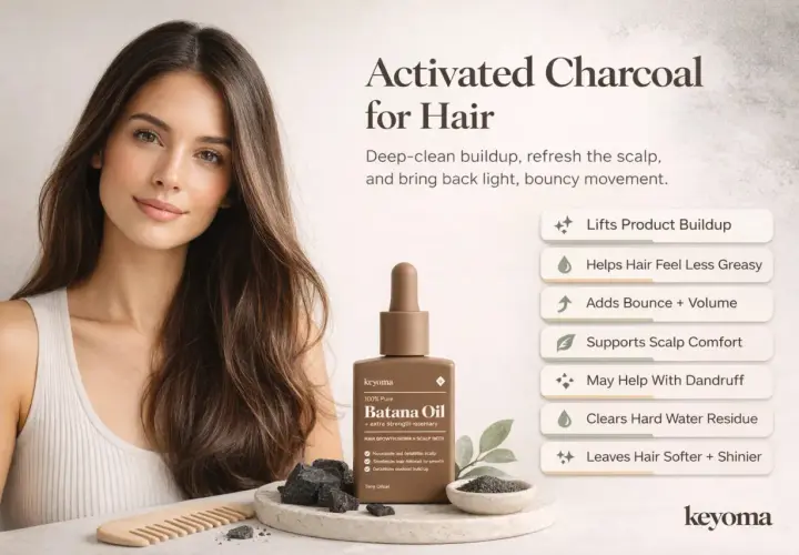 Mujer con cabello largo y sedoso junto a aceite Batana y carbón activado para el cabello, que promete limpieza profunda y brillo.