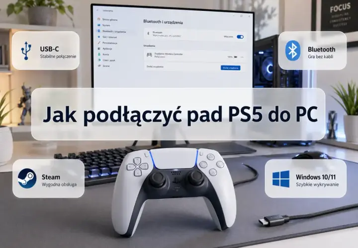 Jak podłączyć pada do PC przez Bluetooth? DualSense na Windows 10/11, gra bez kabli. USB-C zapewnia stabilne połączenie.