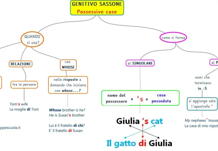Schema sul genitivo sassone in inglese: quando si usa, come si forma (singolare e plurale), e con "whose". Esempi: Giulia's cat, My nephews' house.