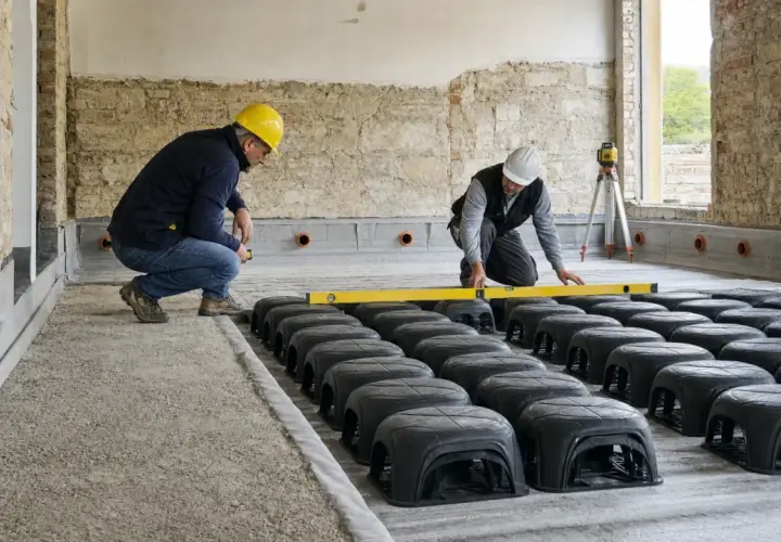 Operai installano elementi per vespaio pavimento, usando livella per garantire la planarità.