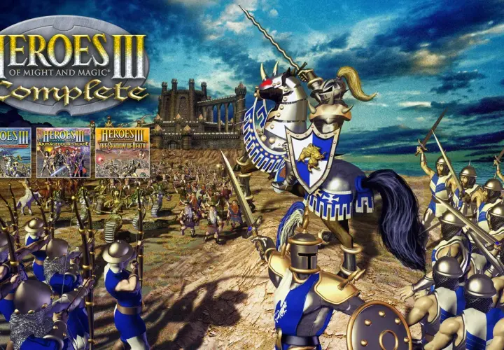 Rycerz na koniu prowadzi armię do bitwy w grze Heroes III of Might and Magic.