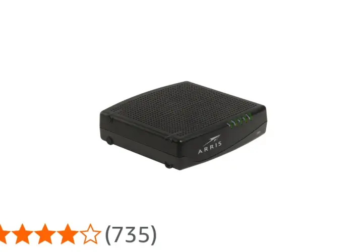Czarny router Arris z zielonymi diodami sygnalizującymi status.