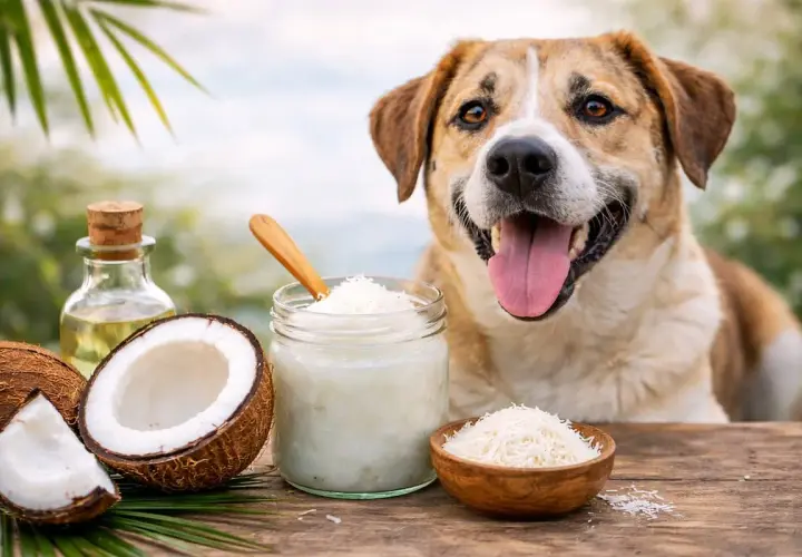 Perro feliz junto a cocos y aceite de coco, un ingrediente natural para su bienestar.