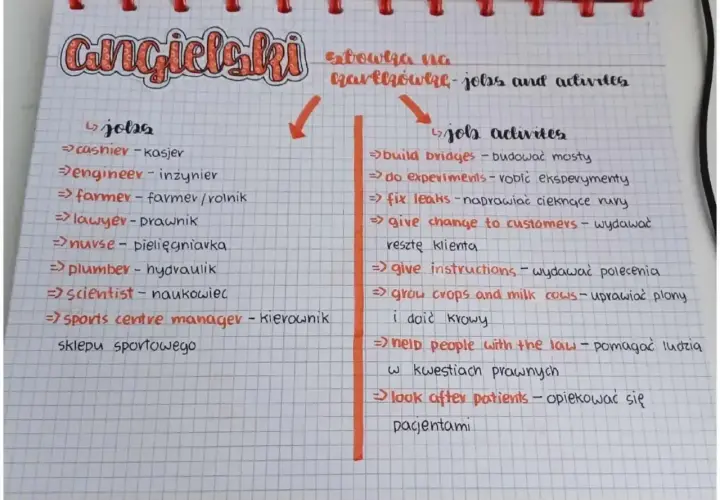 Rozszerzony artykuł angielski: lista zawodów i czynności z tłumaczeniem. Jobs: cashier, engineer, farmer, lawyer, nurse, plumber, scientist, sports centre manager. Job activities: build bridges, do experiments, fix leaks, give change to customers, give...