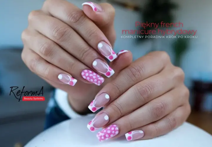 Uroczy manicure french w groszki, idealny na wiosnę.