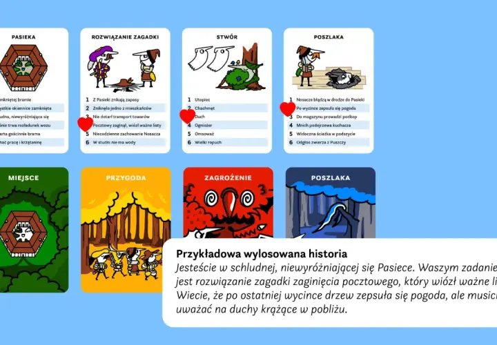 Karty do gry: Pasieka, zagadka, stwór, poszlaka. Przygoda, zagrożenie, poszlaka. Wesołe, kolorowe ilustracje w stylu gry.