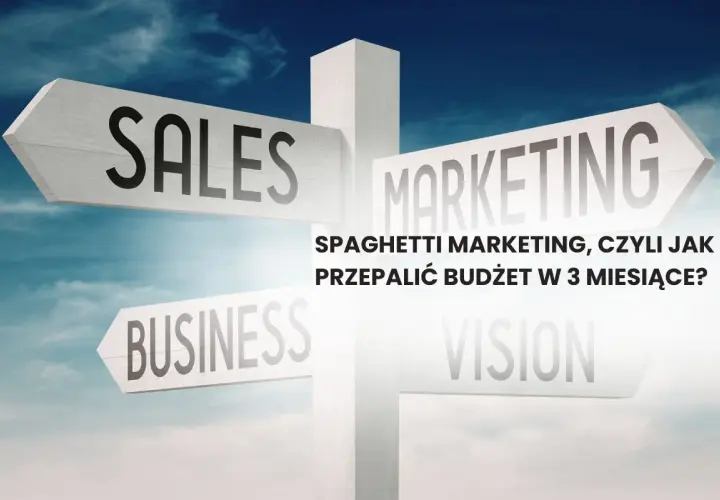 Znak drogowy z napisami "SALES", "MARKETING", "BUSINESS", "VISION". Tekst "SPAGHETTI MARKETING, CZYLI JAK PRZEPALIĆ BUDŻET W 3 MIESIĄCE?" sugeruje, że skuteczny influence marketing wymaga strategii.