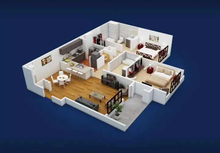 Plano de apartamento moderno con cocina, sala, dos dormitorios y baños. Ideal para un hogar con domótica Google.