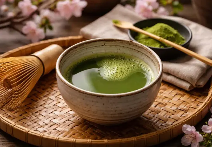 En skål med grön matcha latte, en bambuvisp och en skål med matchapulver på en flätad bricka, med körsbärsblommor i bakgrunden.
