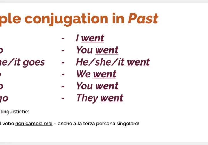 La coniugazione del verbo "andare" al past simple: I went, you went, he/she/it went, we went, you went, they went. La forma non cambia.