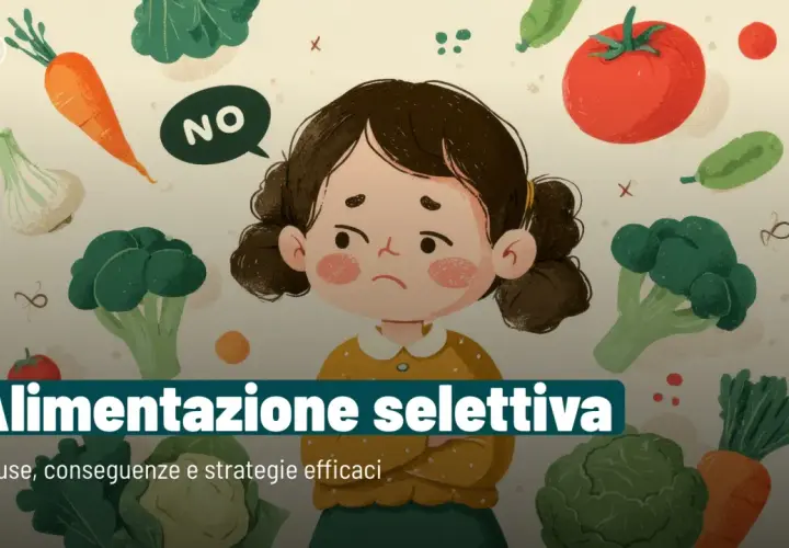 Bambina triste circondata da verdure, con un fumetto "NO". L'immagine esplora le cause dell'alimentazione selettiva.