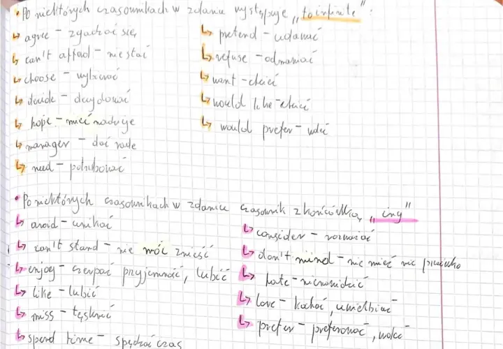 Lista czasowników, po których następuje "to infinite" lub forma z "ing".