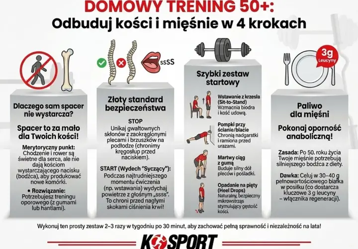 Domowy trening siłowy 50+ dla zdrowych kości i mięśni. Zestaw ćwiczeń, bezpieczeństwo i dieta.