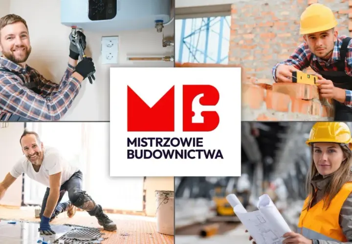 Kolaż zdjęć budowlańców i logo "Mistrzowie Budownictwa".