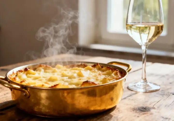 Un plat de croziflette fumant et un verre de vin blanc. Le mariage parfait pour savoir quel vin avec croziflette.