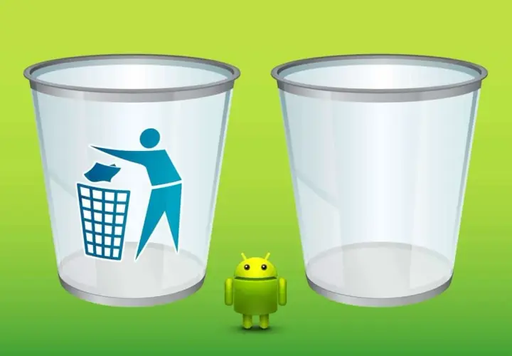 Gdzie jest kosz w telefonie? Dwa przezroczyste kosze na śmieci, jeden z ikoną wrzucania papierka, a obok mały zielony robot Android.