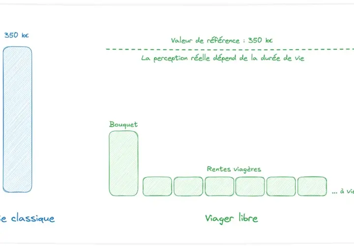 Comparaison vente classique (350k€) et viager libre : un bouquet puis des rentes viagères à vie. La perception dépend de la durée de vie.