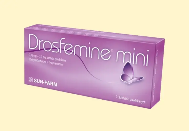 Opakowanie tabletek jednoskładnikowych Drosfemine mini z motylem. Zawiera 21 tabletek powlekanych.