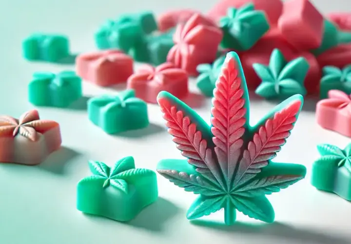 Bunte CBD Gummibärchen in Form von Cannabisblättern und Geschenken.