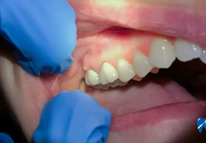 Widoczne są niebieskie rękawiczki dentystyczne, które delikatnie rozchylają usta, ukazując ząb z widocznym ropnym wyciekiem. To właśnie ten ropny wyciek z dziąsła jest widoczny.