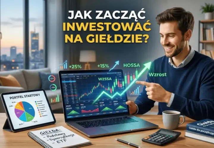 Mężczyzna wskazuje na wykres wzrostu na laptopie, obok tablet z wykresem kołowym i książka o giełdzie.