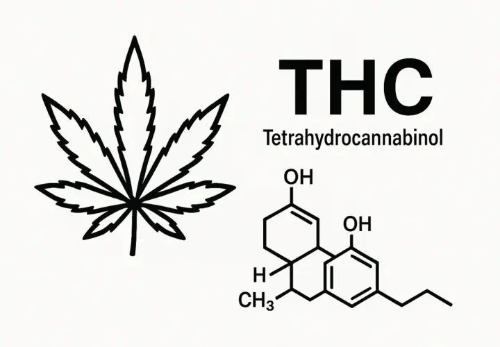 Liść konopi i wzór chemiczny THC (Tetrahydrocannabinol).